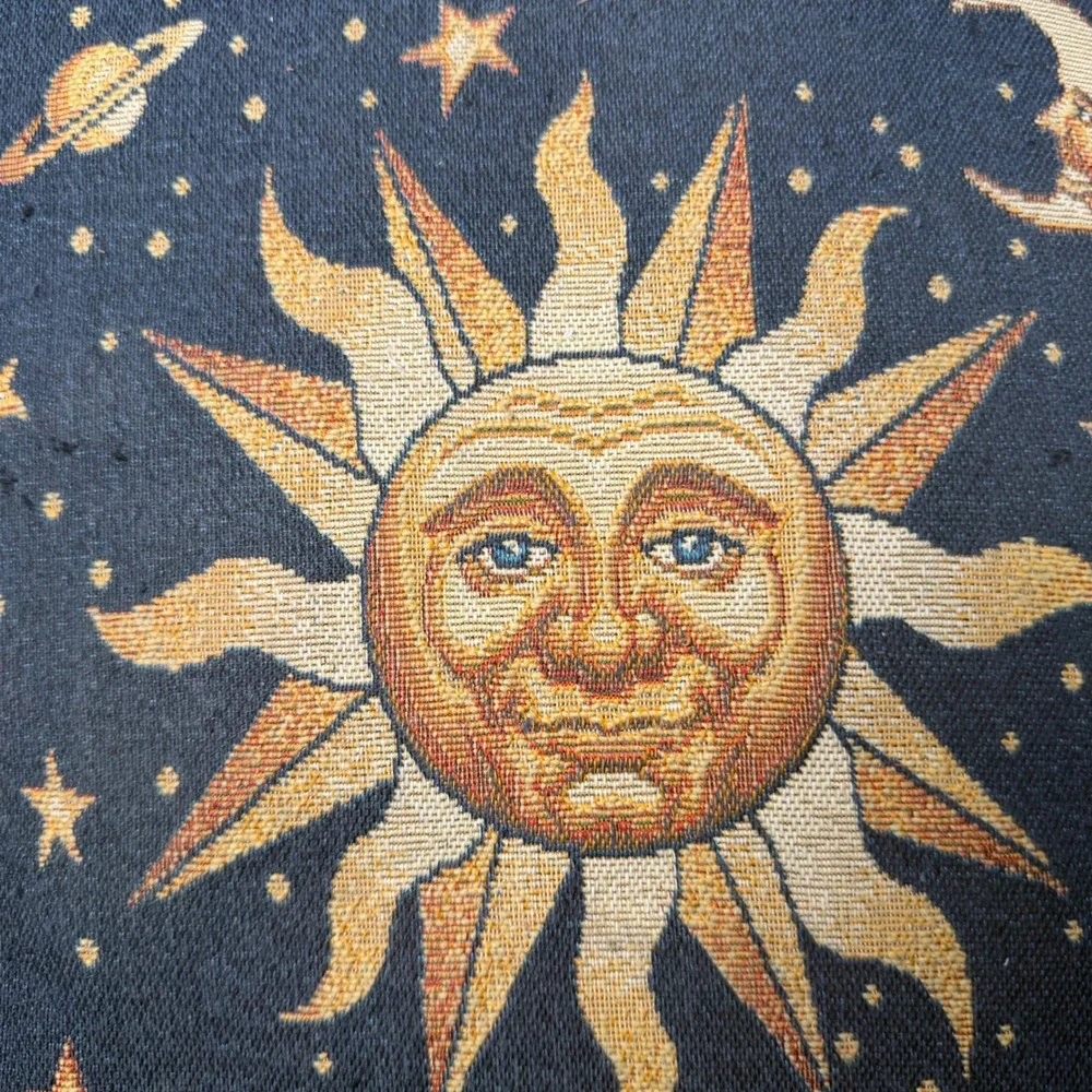 Vintage Celestial Sun Moon Stars Tapestry Pillow Whimsical Navy Blue 90s Boho